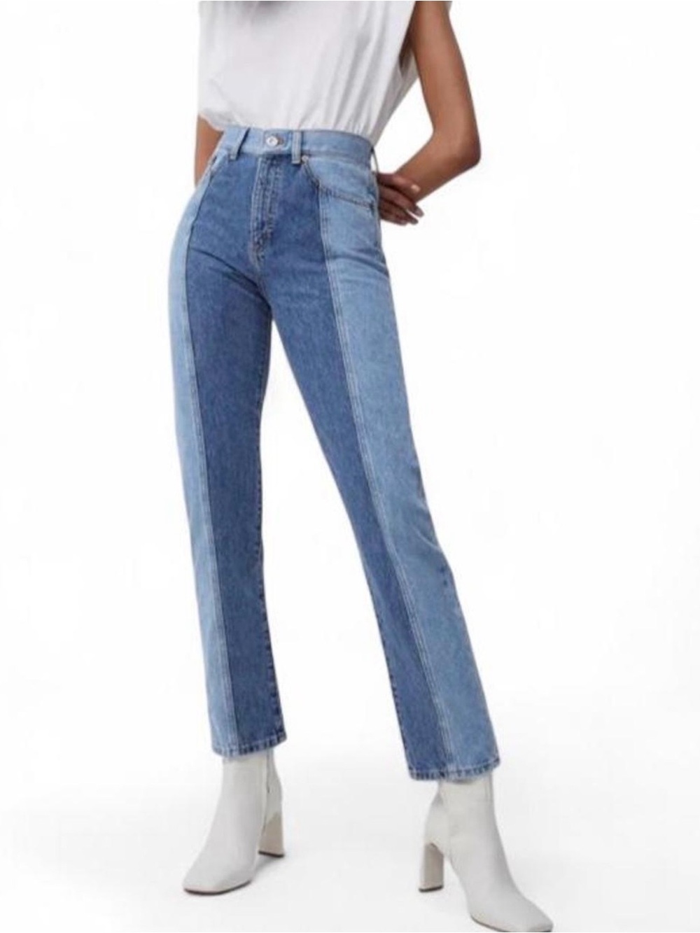 French Connection Two-Tone Straight Leg Jeans in Light & Medium Blue